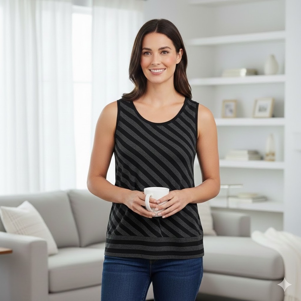 Cabi Black Charcoal Gray Stripe Sleeveless Tank Tunic‎ Top Scoop Neck - Size M